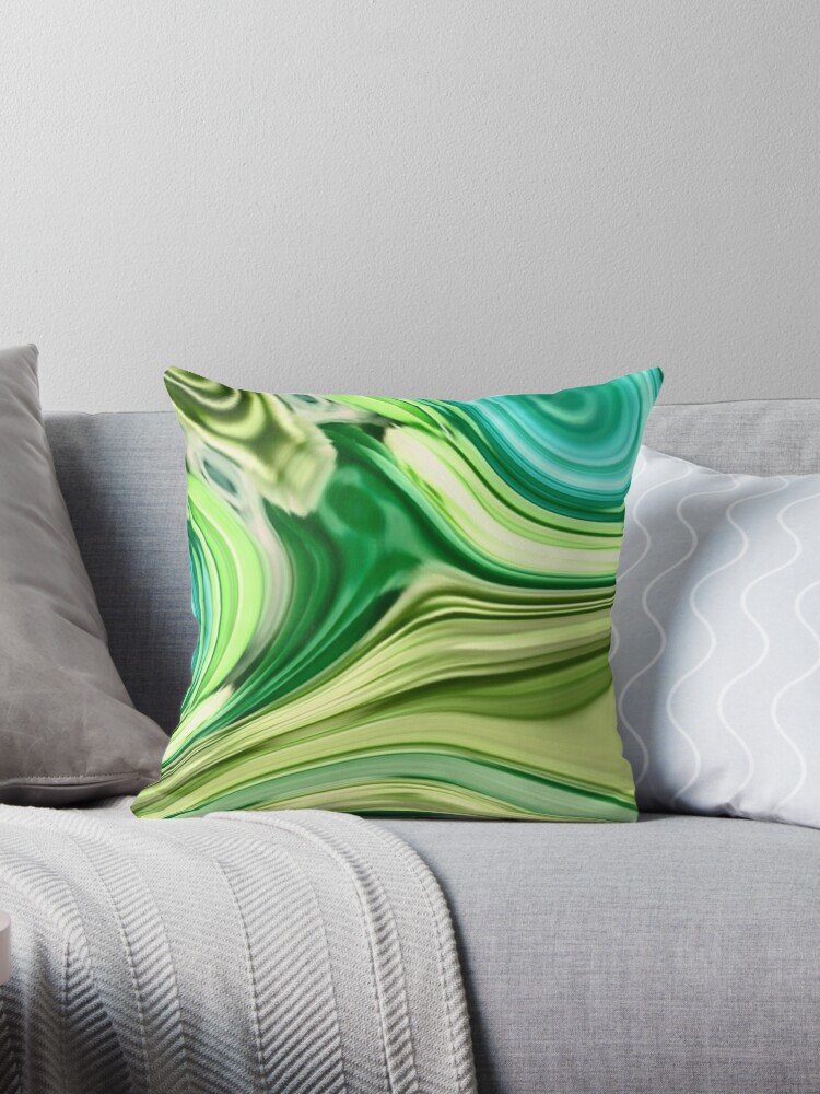 1980s Modern Abstract Turquoise Lime Green Marble Swirls Pillow