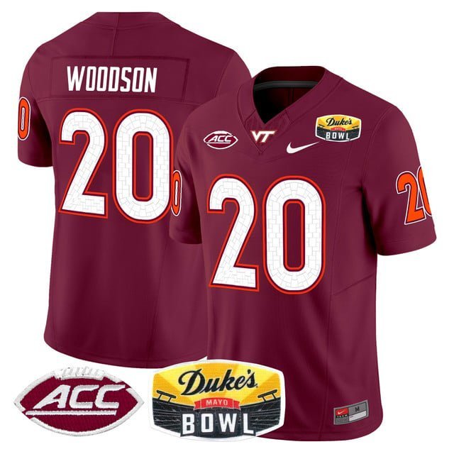 Caleb Woodson  #20 Virginia Tech Hokies 2026 Duke's Mayo Bowl Patch Stitched Maroon
