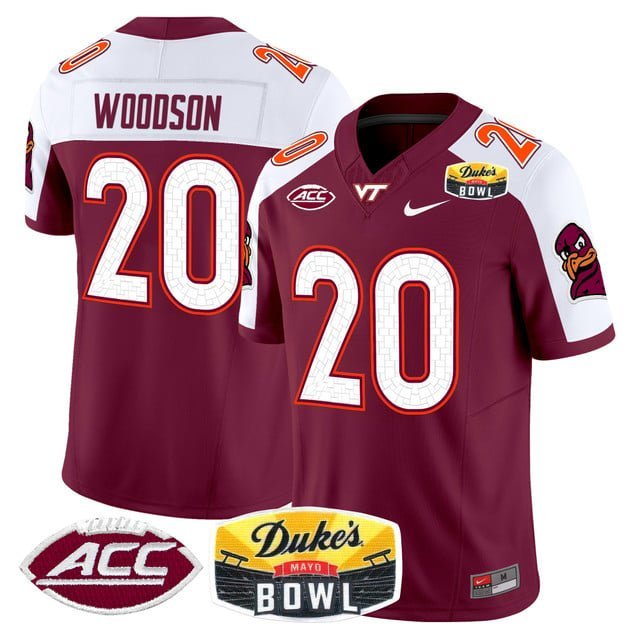 Caleb Woodson  #20 Virginia Tech Hokies 2026 Duke's Mayo Bowl Patch Stitched Maroon Alternate