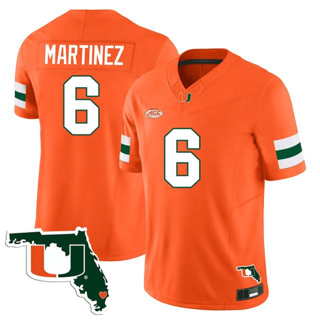 Damien Martinez  #6 Miami Hurricanes Florida Map Patch Vapor Premier Limited Stitched Orange