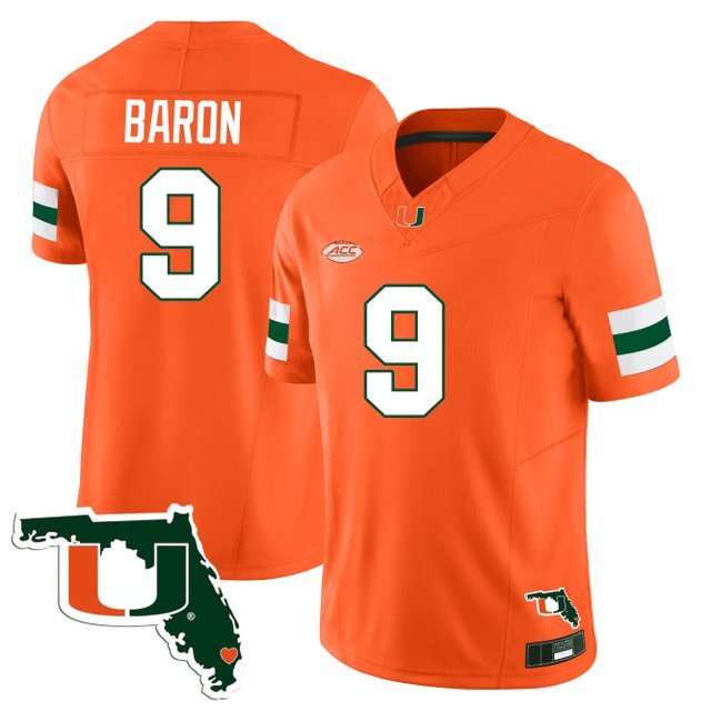 Tyler Baron  #9 Miami Hurricanes Florida Map Patch Vapor Premier Limited Stitched Orange