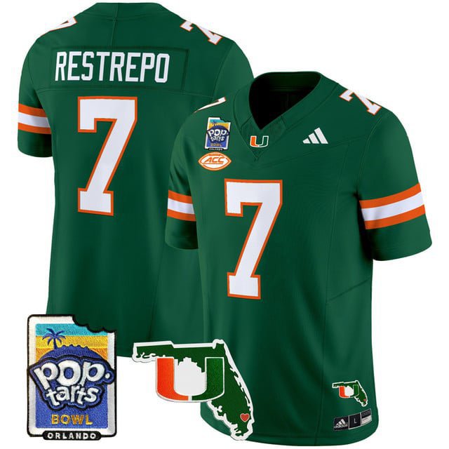 Xavier Restrepo  #7 Miami Hurricanes 2026 PopTarts Bowl Patch Vapor Stitched Green