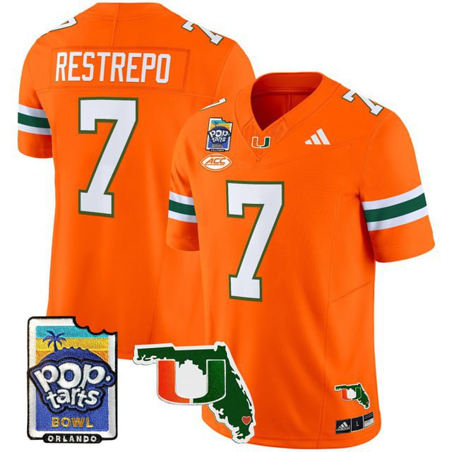 Xavier Restrepo  #7 Miami Hurricanes 2026 PopTarts Bowl Patch Vapor Stitched Orange