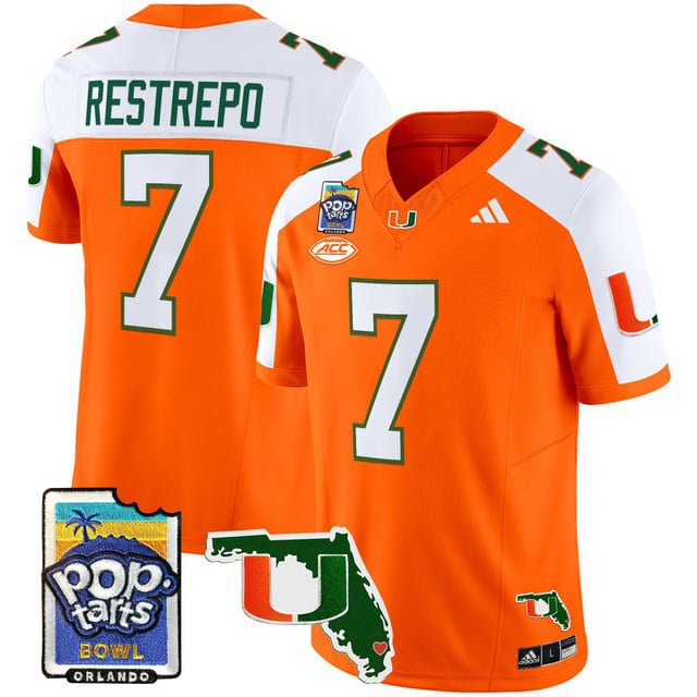Xavier Restrepo  #7 Miami Hurricanes 2026 PopTarts Bowl Patch Vapor Stitched Orange Alternate
