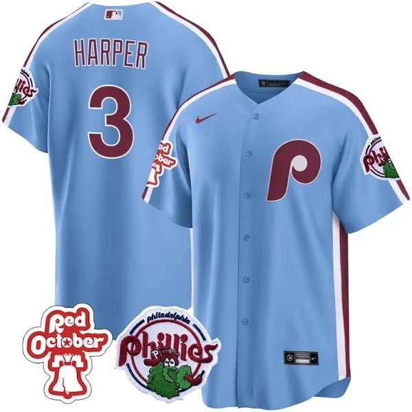 2026     Bryce harper  phillies 3 red october patch    jersey powder blue