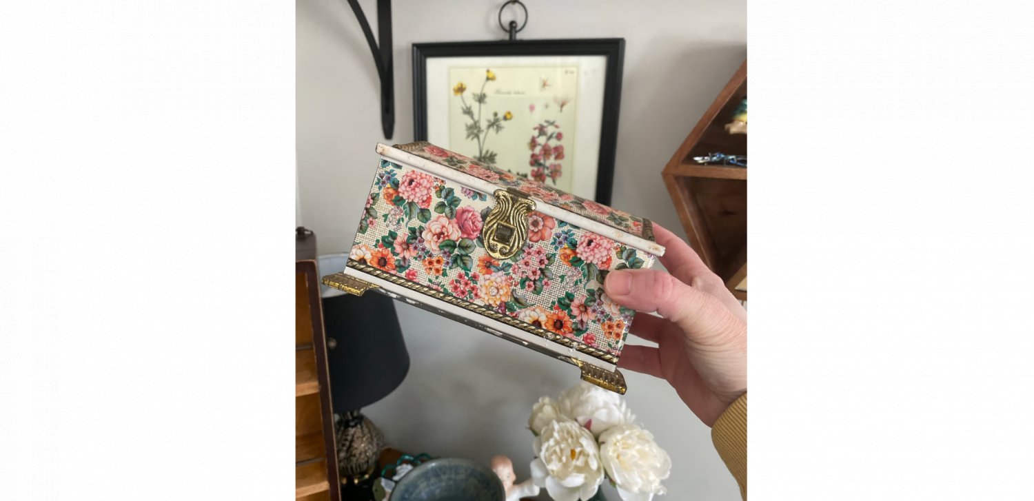 Vintage Germany floral tin starlight mints treasure chest vanity candy box