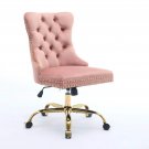 Velvet Tufted Pink Office Chair With Golden Base, Adjustable Swivel