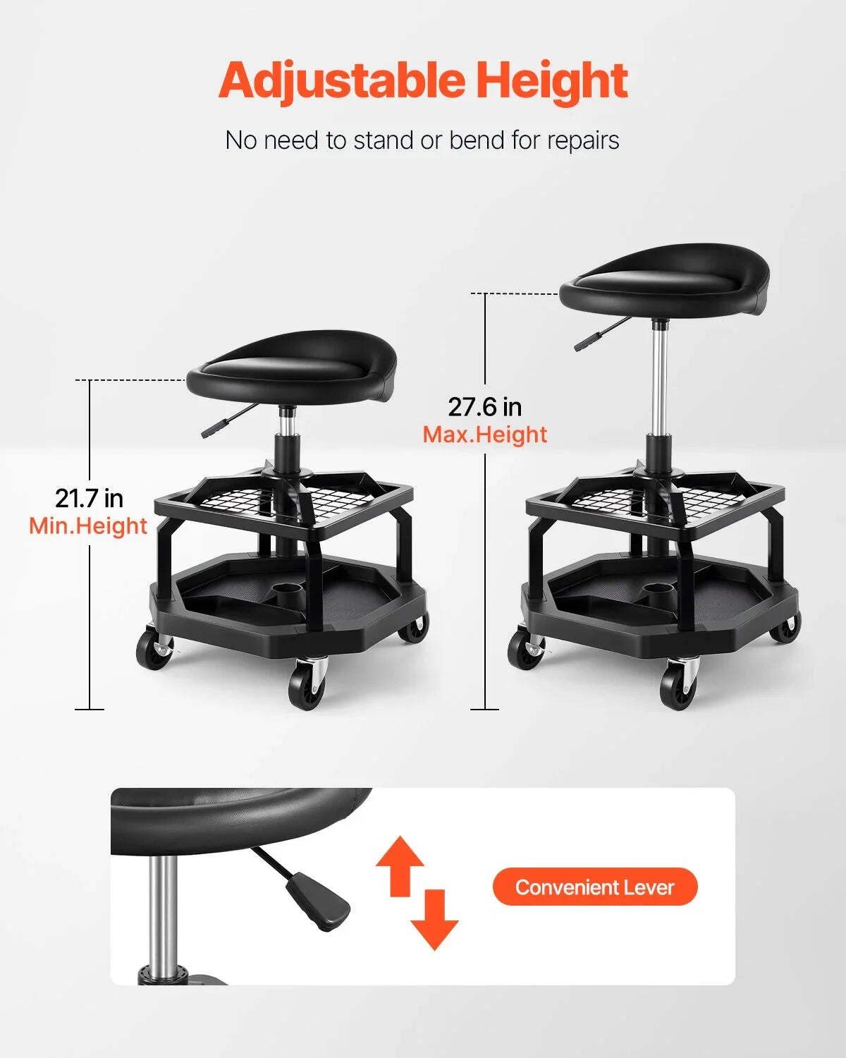 Rolling Shop Stool Adjustable Height Garage Seat With Casters 300 Lbs