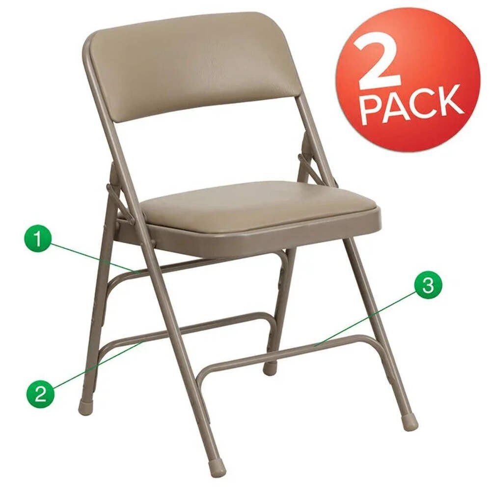2 Pack HERCULES Series Curved Triple Braced Beige Vinyl Folding Chair