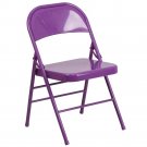 Vibrant Impulsive Purple Triple Braced Metal Folding Chair with Double Hinges