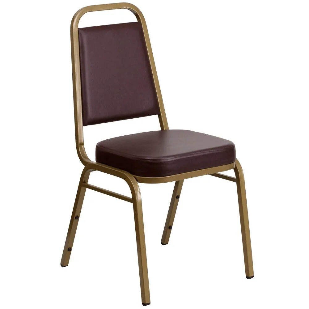 Elegant Brown Vinyl Trapezoidal Back Banquet Chair Gold Frame