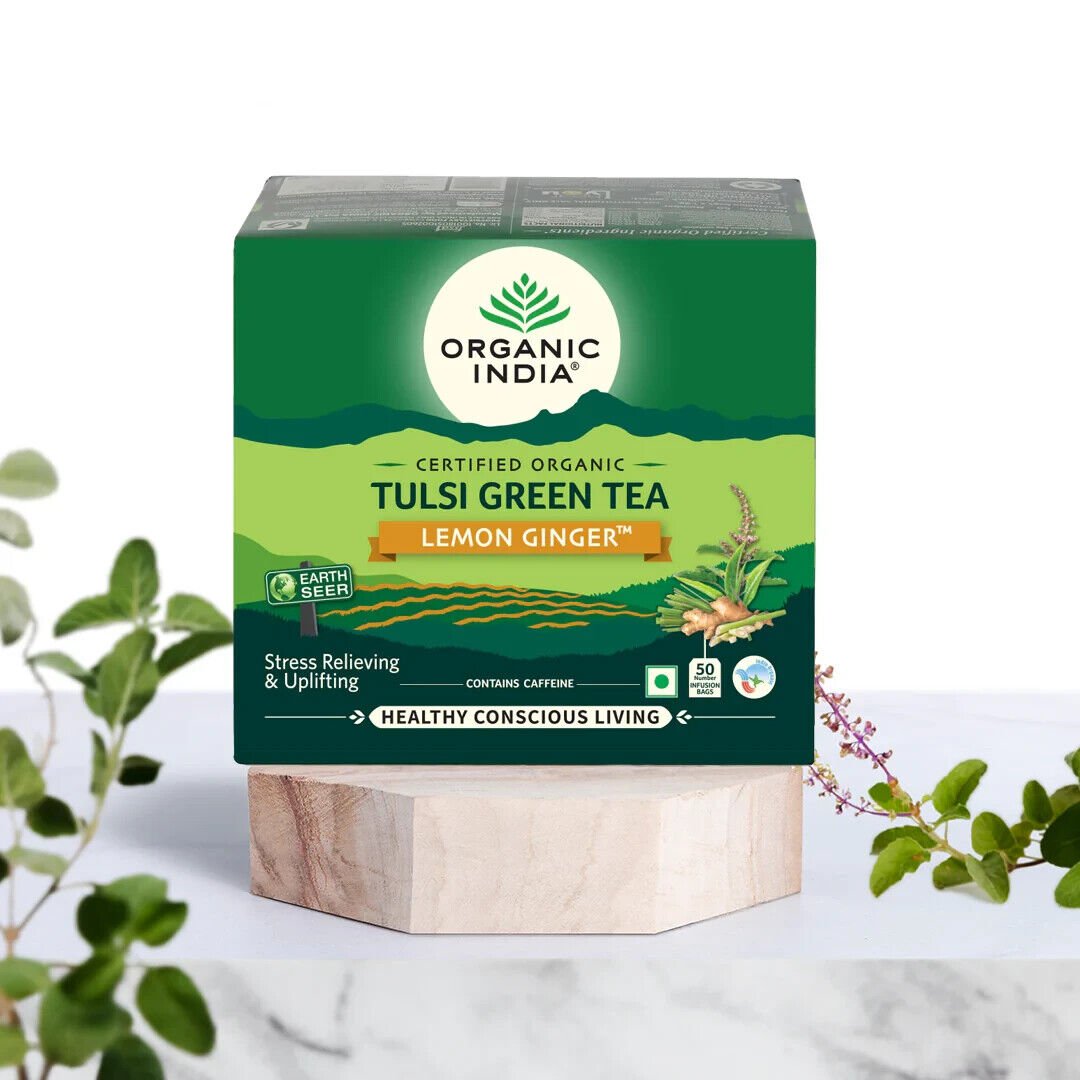 Organic India Tulsi Green Tea Lemon Ginger 50 Tea Bags