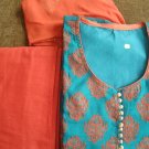 T2019 : Blue Cotton Silk Suit with Orange Embroidery