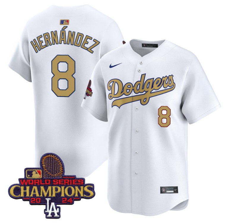 Kike Hernandez Jersey #8 Dodgers 2025 Gold Vapor Premier Stitched White