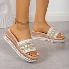 White Summer Slides, Mid Heel, Open Toe, Fabric Upper, Synthetic Insole, Rubber Sole, Slip-on