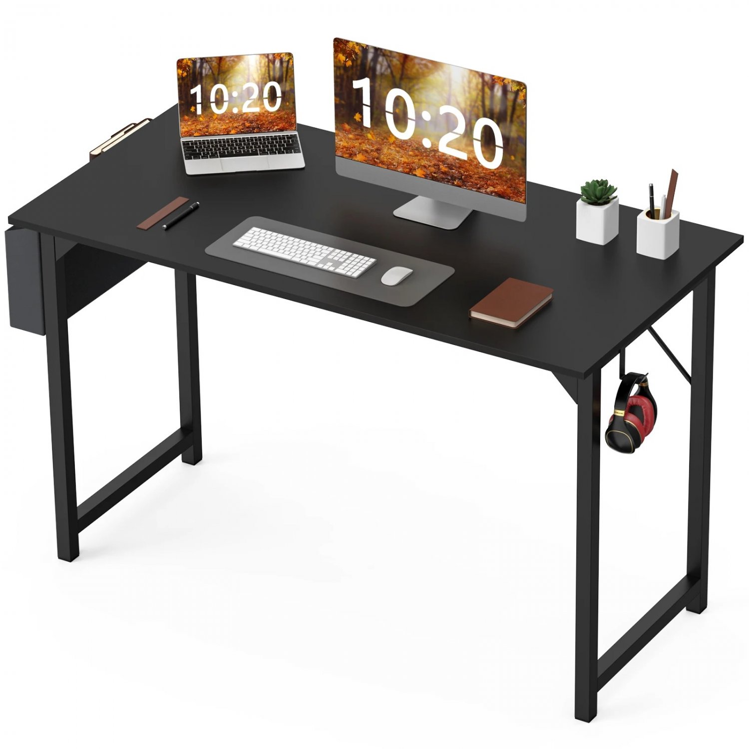 Modern Computer Desk - Office Gaming Table, Study Writing Desk with Side Bag & Headphone Hook