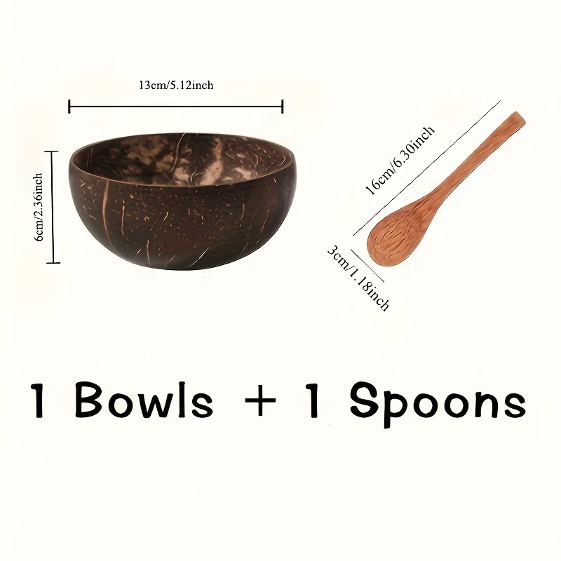 Coconut shell bowl, 1 Bowls + 1 Spoons Handcrafted Coconut Shell Salad Bowl with Wooden Spoons -
