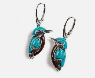 ( Small) Bird Hoop Dangle  Earrings Women Turquoise Lab-Created Silver Plated