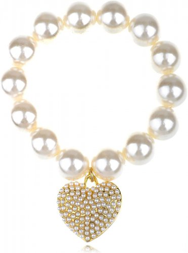Fabricated White Pearl Paved Bead Heart Faux Pearl Bracelet