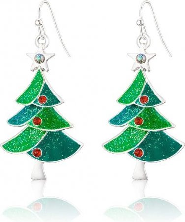 Green Christmas Tree Rhinestone cz Pierced Dangle Earring