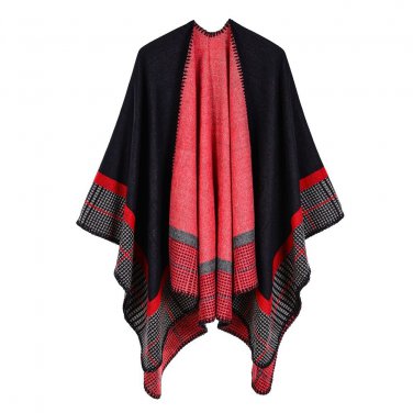 Navy Blue &Red Sweater Scarf Poncho Cape Open Front Blanket Shawls Women