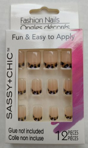 Leopard Black &Gold French Tip Nails Artificial Fake 12 Round Short Glue On