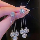 Silver Round Rhinestone Tassel Dangle Stud Earrings