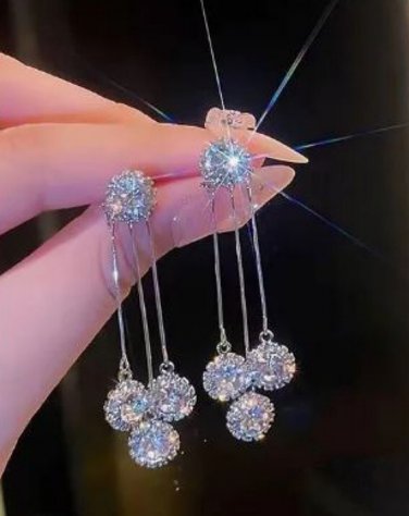 Silver Round Rhinestone Tassel Dangle Stud Earrings