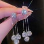 Silver Round Rhinestone Tassel Dangle Stud Earrings