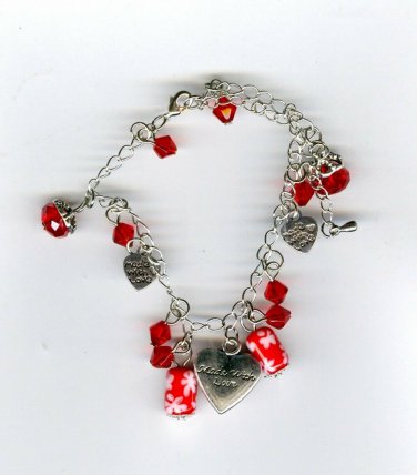 Glass Bead Red Made with LOVE Silver Charm PENDANT Chain Bracelet