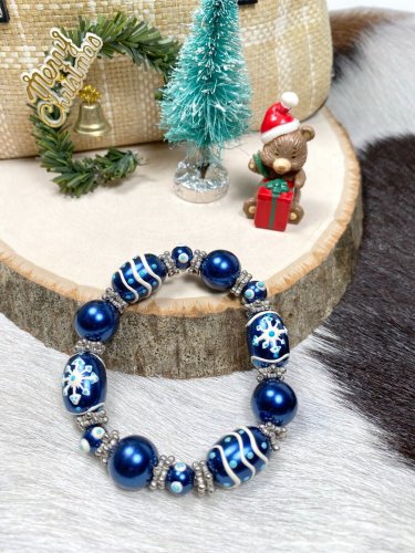Christmas Snowflake Blue Glalss Bead Handmade Stretch Bracelet