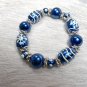 Christmas Snowflake Blue Glalss Bead Handmade Stretch Bracelet