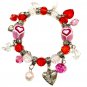 Mothers Day  - Love Theme Glass Bead Reds Pinks Hearts Stretchy Bracelet