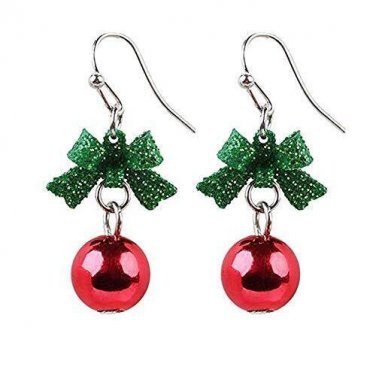 Ribbon Bowknot Festive Red Green Ball Ornament Dangle Earrings