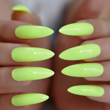 LONG STILETTO *LEMON* Full Cover Yellow 23 Nail Tips Press On Glue Set!