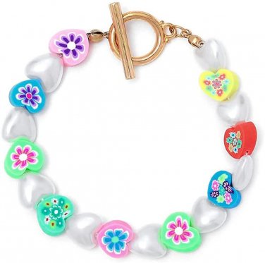 Polymer Flower Heart Clay Imitation Beaded Bead Toggle Bracelet