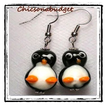 Hand Crafted Lampwork Holiday Penguin Earrings 1 1/2" long Jewelry