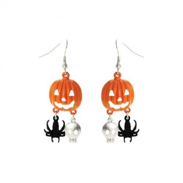 PUMPKIN, SKULL AND SPIDER Dangle Halloween Earrings