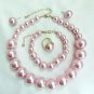 Beautiful Elegant Faux Pearl 4 Piece Pink Set Earrings Bracelet Necklace Ring