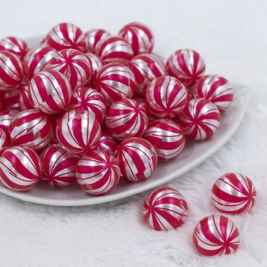 20mm PEARL Peppermint Candy Print Chunky Acrylic Bubblegum Beads 5 Count