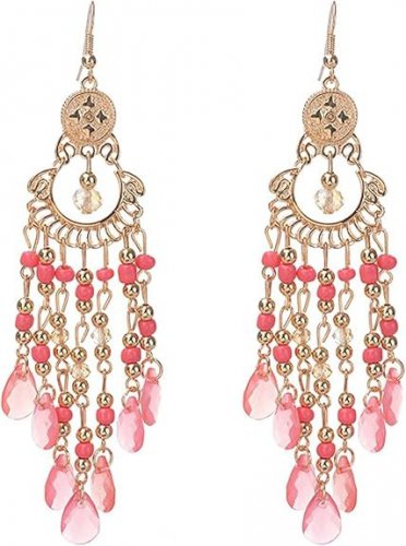 (PINK) Boho Beaded Tassels Ethnic Hook Dangle Earring Eardrop