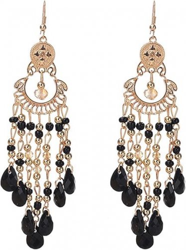 (Black) Boho Beaded Tassels Ethnic Hook Dangle Earring Eardrop