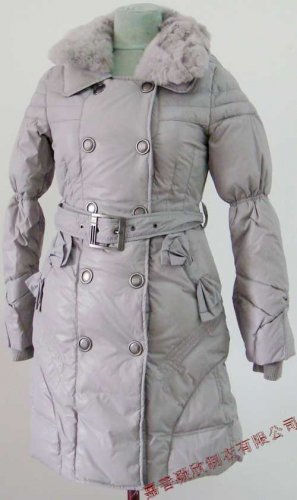 Bowknot Pocket Ladies'double-breasted DOWN JACKET with Rex Rabbit Hair Collar&Hoody Gray clr