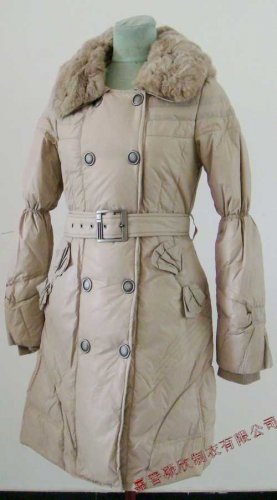 Bowknot Pocket Ladies'double-breasted DOWN JACKET with Rex Rabbit Hair Collar&Hoody Beige clr