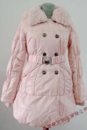 2011 Prancing Leaves Ladies'double-breasted DOWN JACKET with Rex Rabbit Hair Collar&Hoody Pink clr