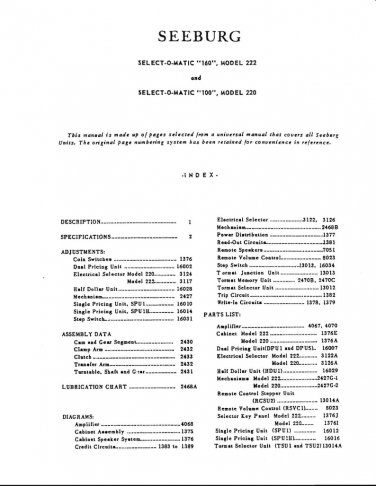 Seeburg - Select-O-Matic -100 - 160 - 222 - 220 - Phonograph - Service Manual  - Workshop Manual - E