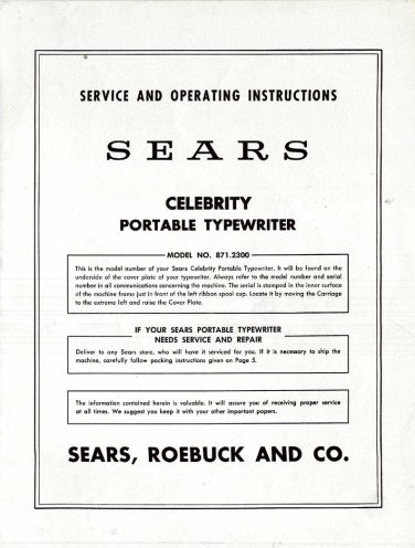 Sears Celebrity Typewriter Instruction Manual - User Manual - Complete User Guide