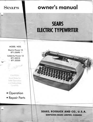 Sears Electric Typewriter Instruction Manual - User Manual - Complete User Guide