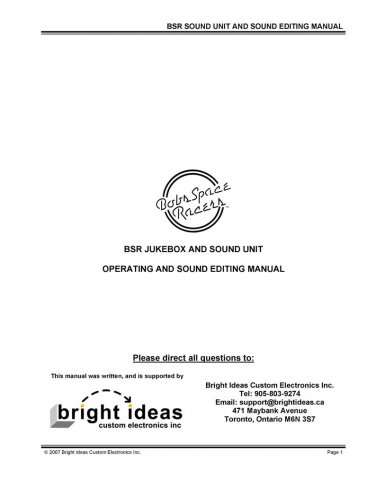 Bobs Space Racers - BSR - Jukebox and Sound Unit - Operating Manual - Sound Editing Manual - English