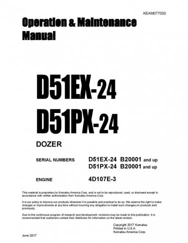 Komatsu D51EX-24 - D51PX-24 Bulldozer Operators Manual -  Operation and Maintenance Manual - Instruc
